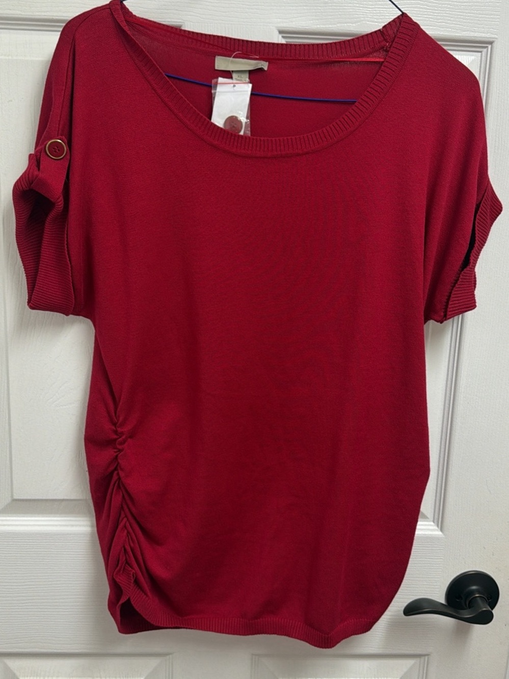 Women’s Red Short-Sleeve Ruched light sweater Top XL NWT